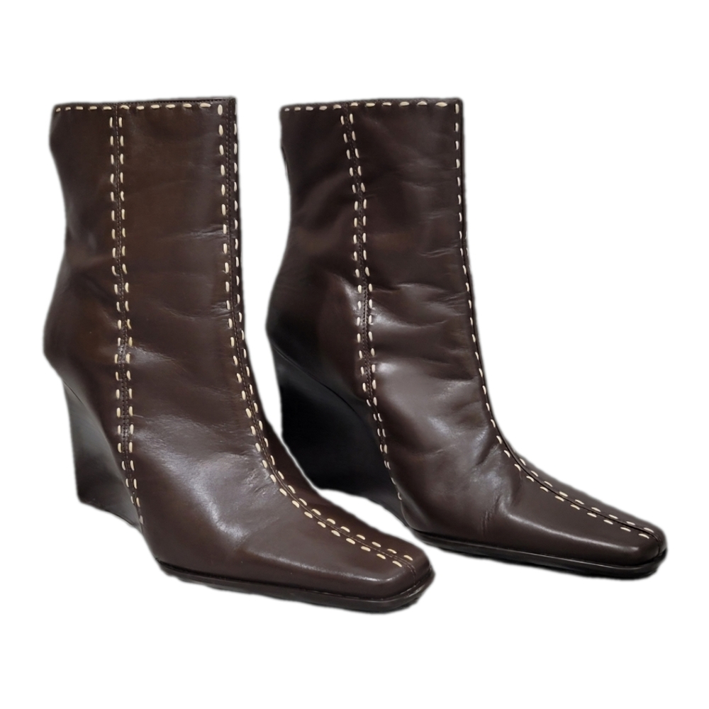 Retro (90's) Diba "Elko" Square-Toe Top-Stitch Wedge Heel Boots